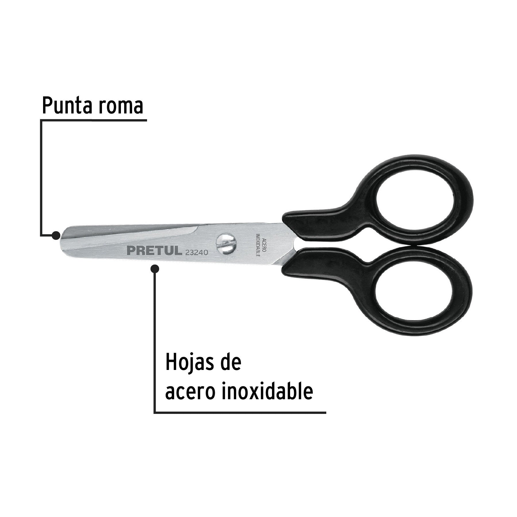Tijera 4-1/2' escolar, punta roma, acero inoxidable, PRETUL