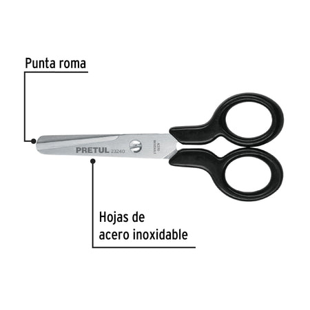 Tijera 4-1/2' escolar, punta roma, acero inoxidable, PRETUL