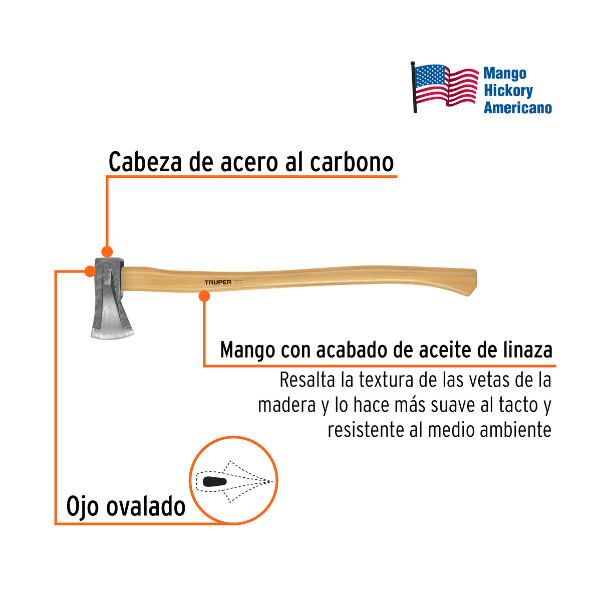 Hacha para rajar madera 2-1/4 lb, mango hickory 28', Truper