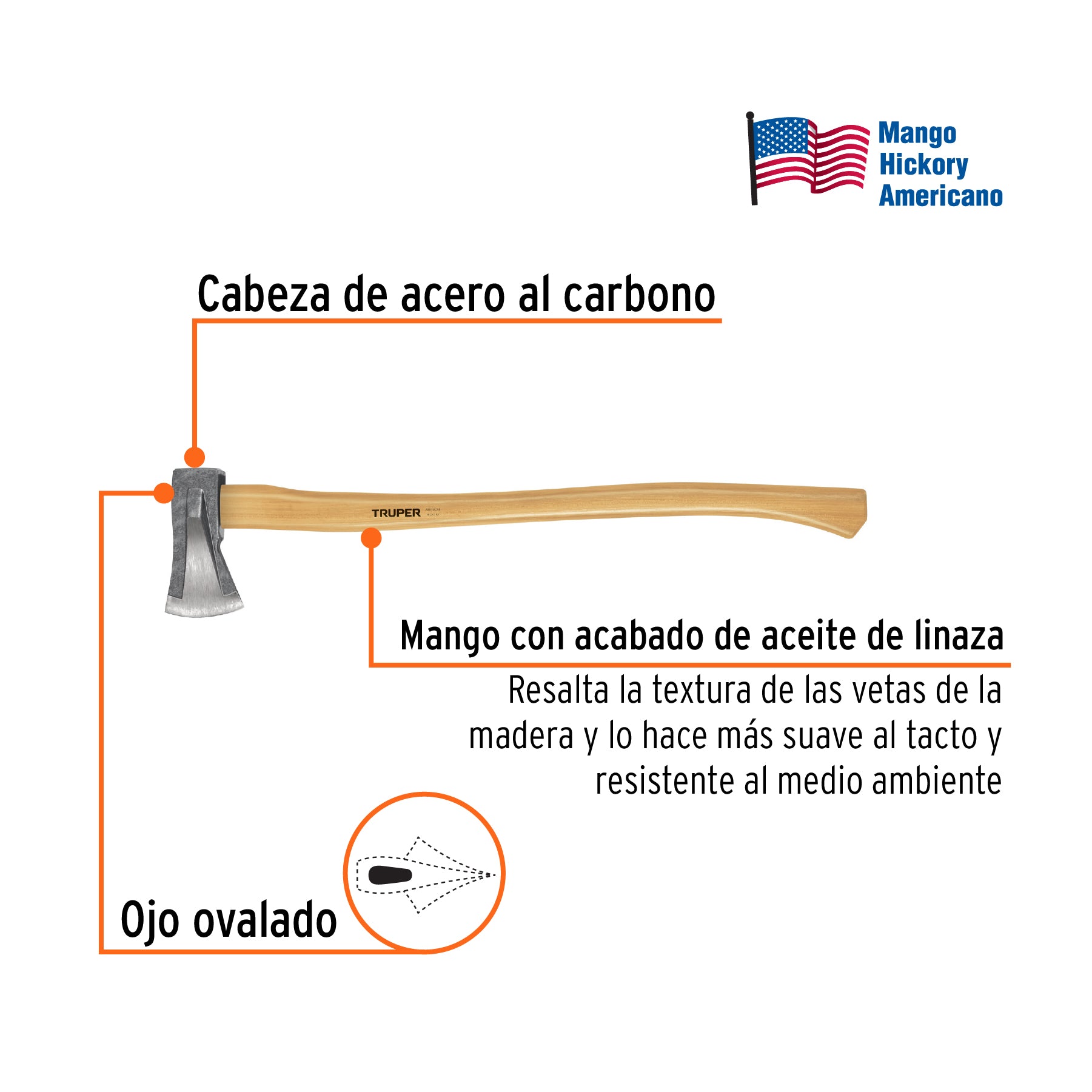 Hacha para rajar madera 2-1/4 lb, mango hickory 28', Truper