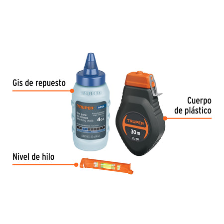 Tiralíneas plástico con gis y nivel 30 m (100 ft), Truper