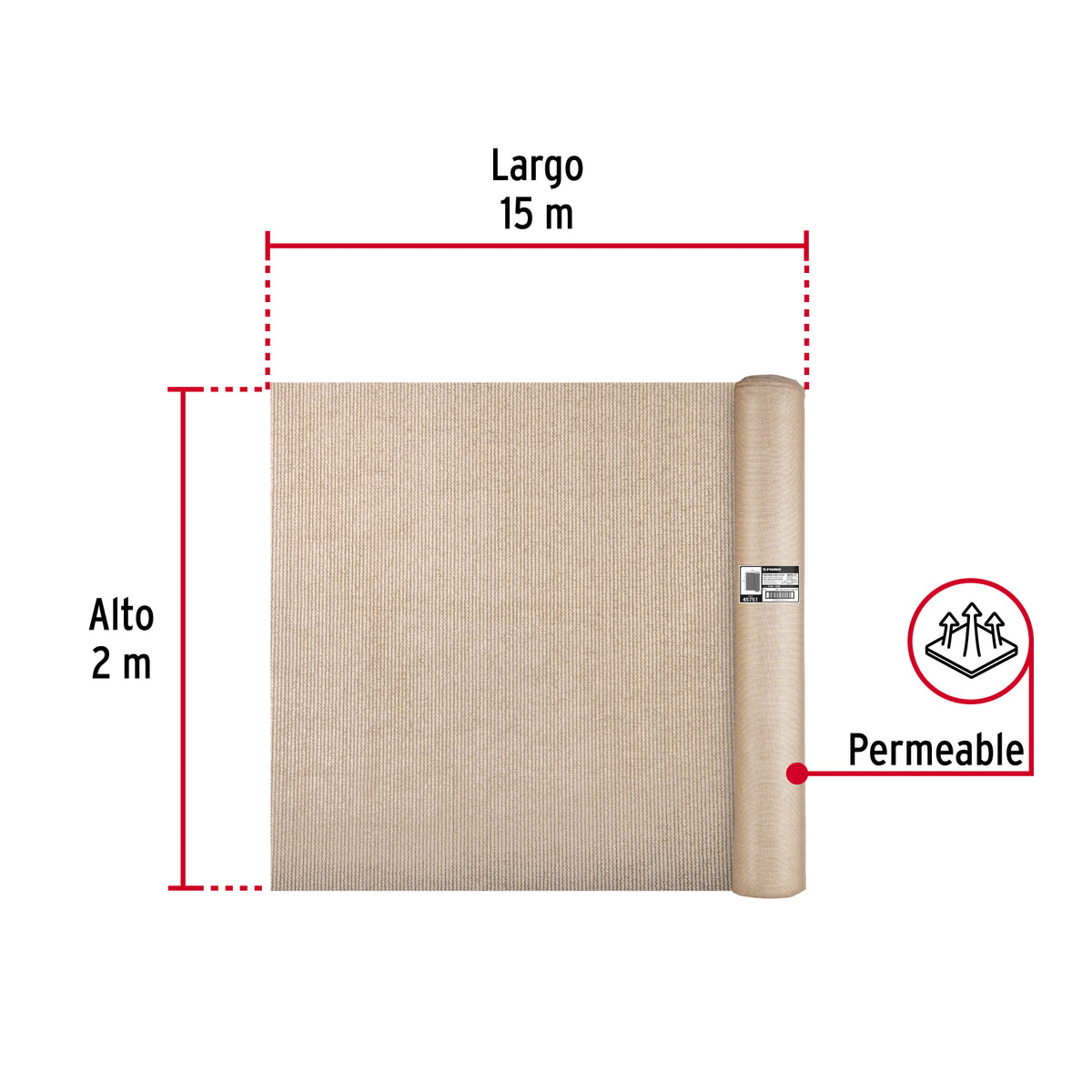 Rollo de malla sombra 80%, raschel beige, 15m x 2m, FIERO