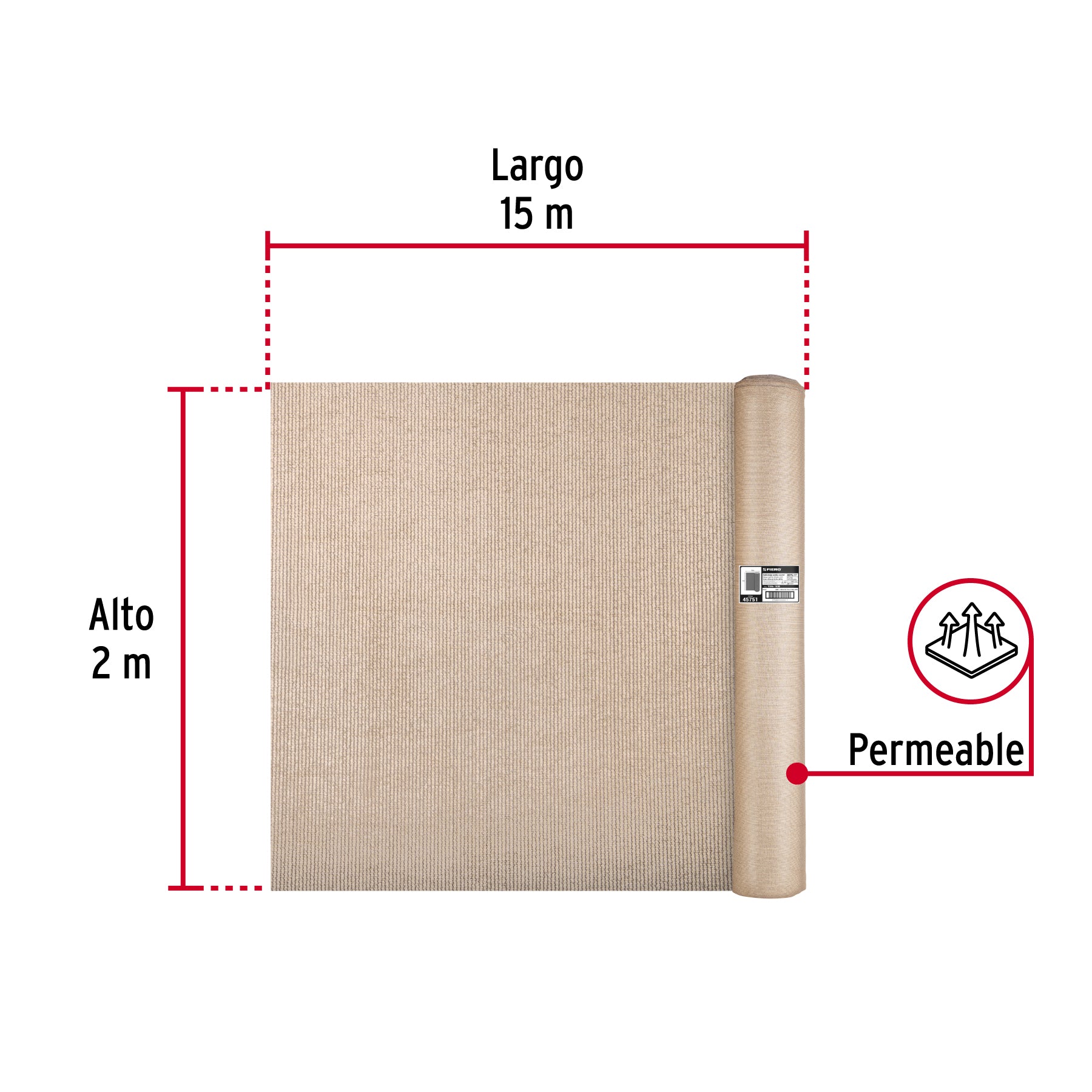 Rollo de malla sombra 80%, raschel beige, 15m x 2m, FIERO