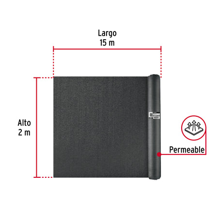 Rollo de malla sombra 90%, raschel negro, 15m x 2m, FIERO
