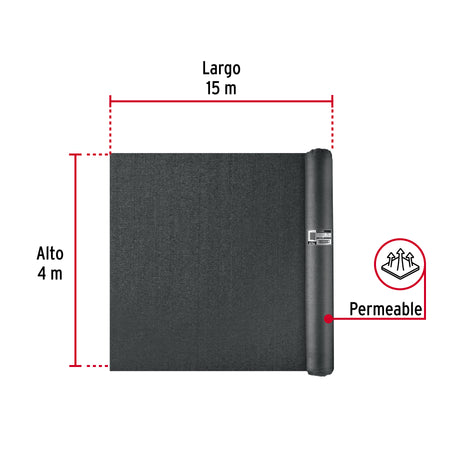 Rollo de malla sombra 90%, raschel negro, 15m x 4m, FIERO