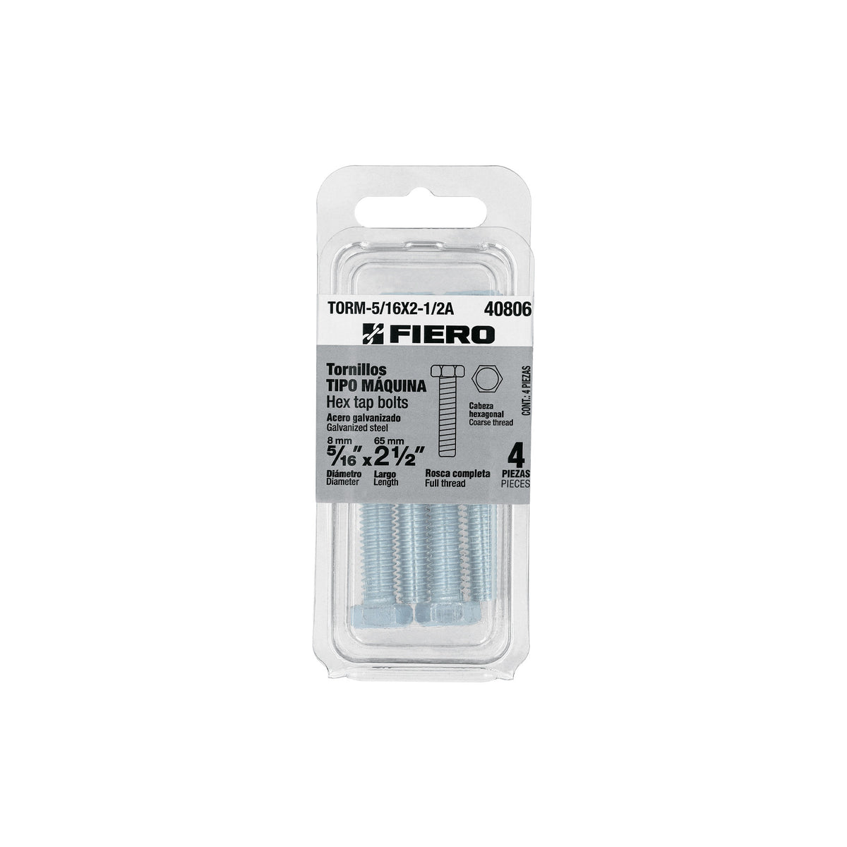 Blíster con 4 tornillos 5/16' x 2-1/2' tipo máquina, FIERO