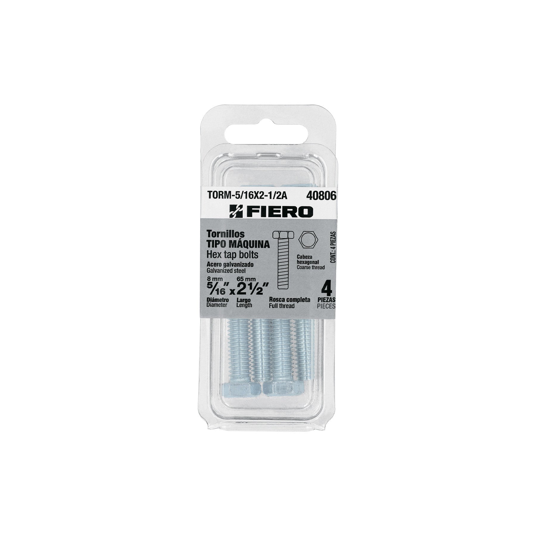 Blíster con 4 tornillos 5/16' x 2-1/2' tipo máquina, FIERO