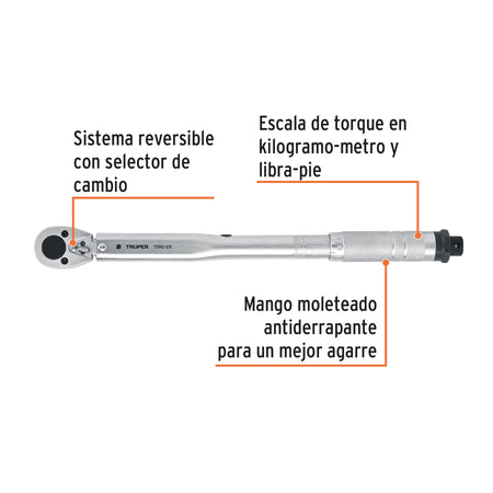 Torquímetro de trueno, dos lecturas, cuadro 3/8', Truper