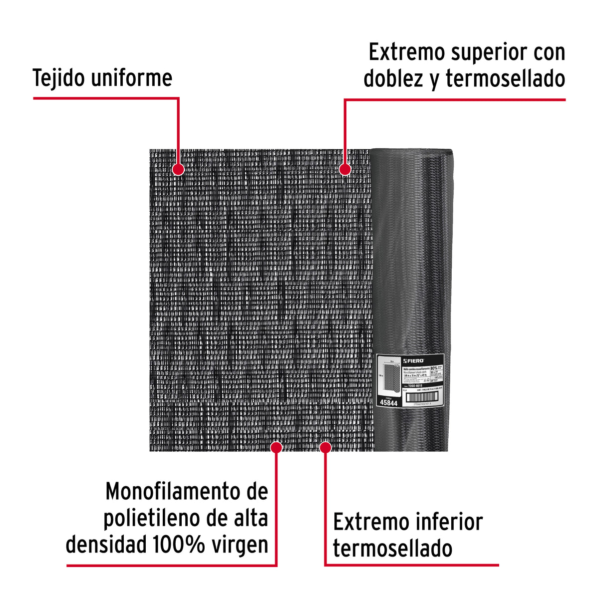 Rollo de malla sombra monofilamento 80%, 15m x 1.85m, negro