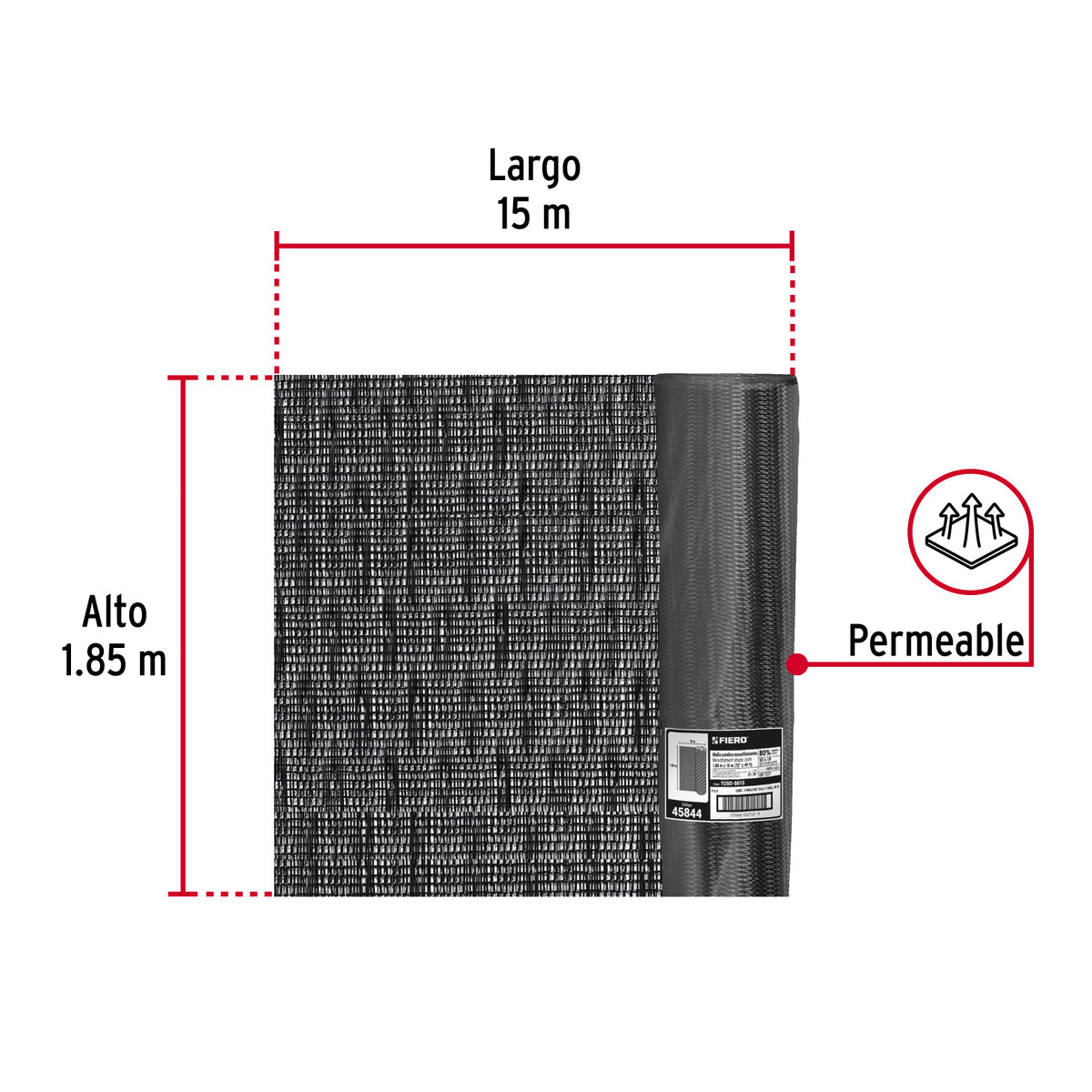 Rollo de malla sombra monofilamento 80%, 15m x 1.85m, negro