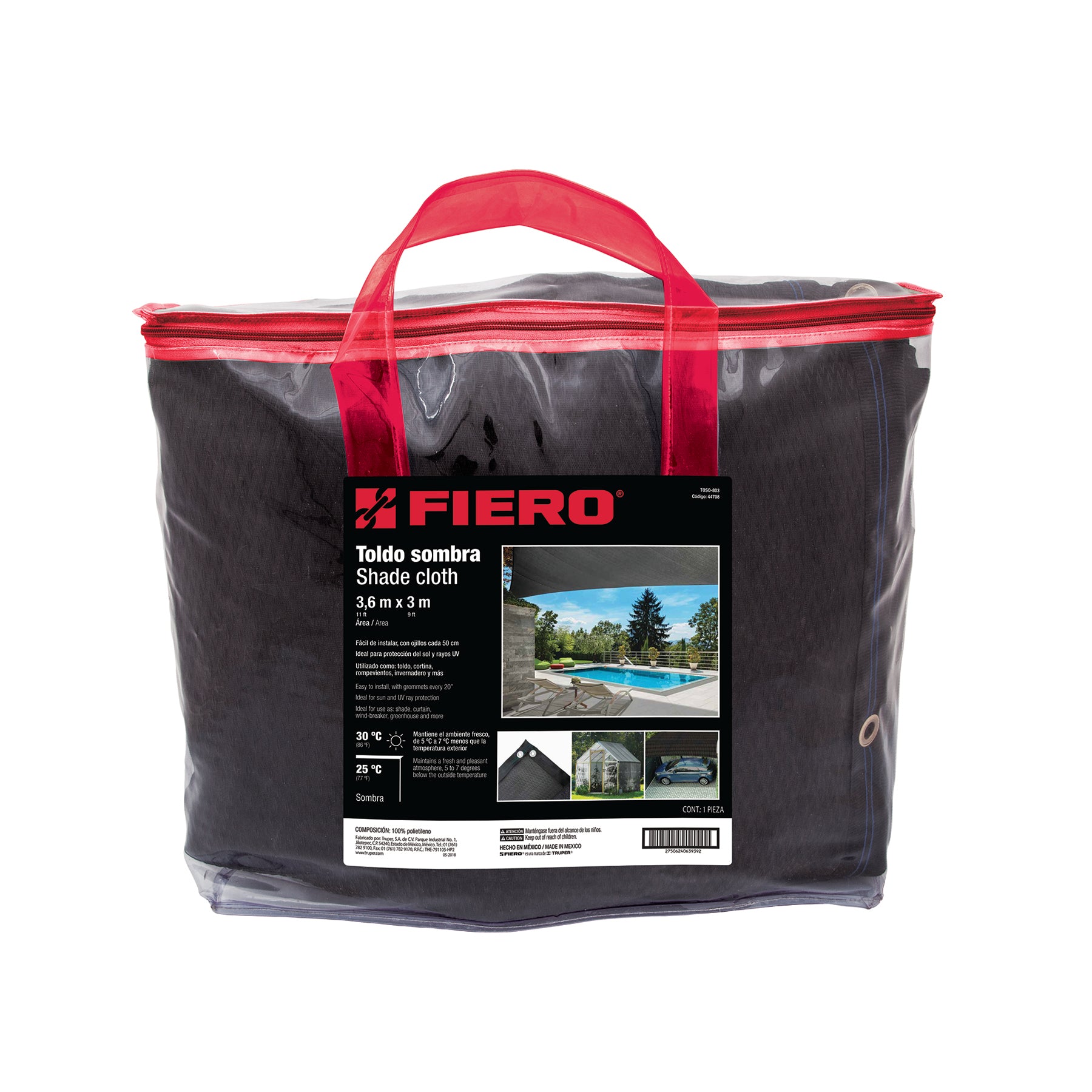 Toldo sombra 80%, monofilamento negro, 4m x 3.6m, FIERO