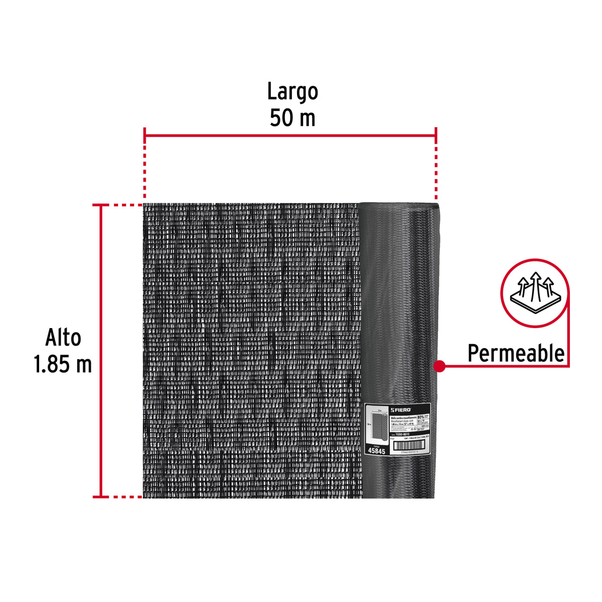 Rollo de malla sombra monofilamento 80%, 50m x 1.85m, negro