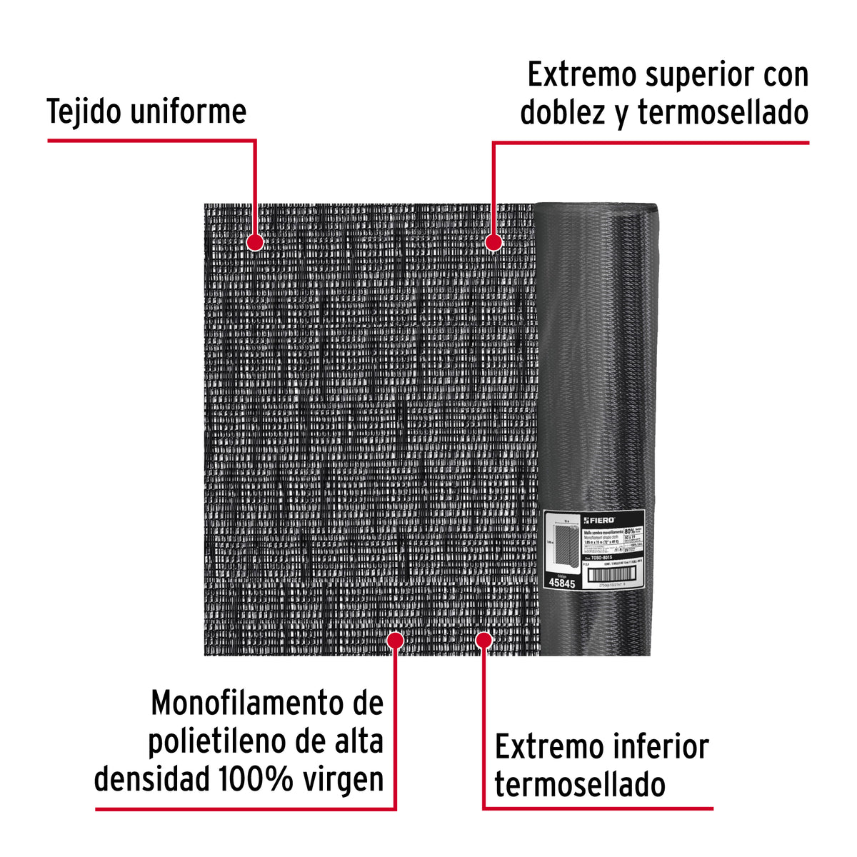 Rollo de malla sombra monofilamento 80%, 50m x 1.85m, negro
