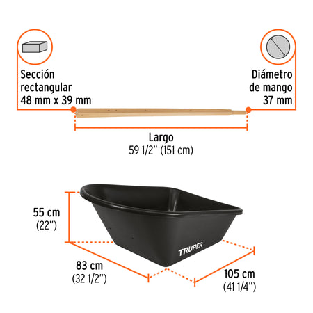 Carretilla c/plástica 8 ft3 Doble llanta neumática b/madera