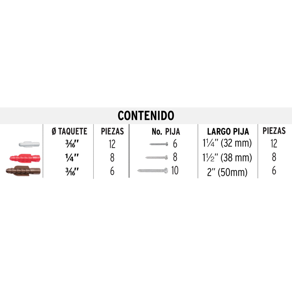 Estuche 26 taquetes 3/16" 1/4" 5/16" c/pijas #6 #8 #10