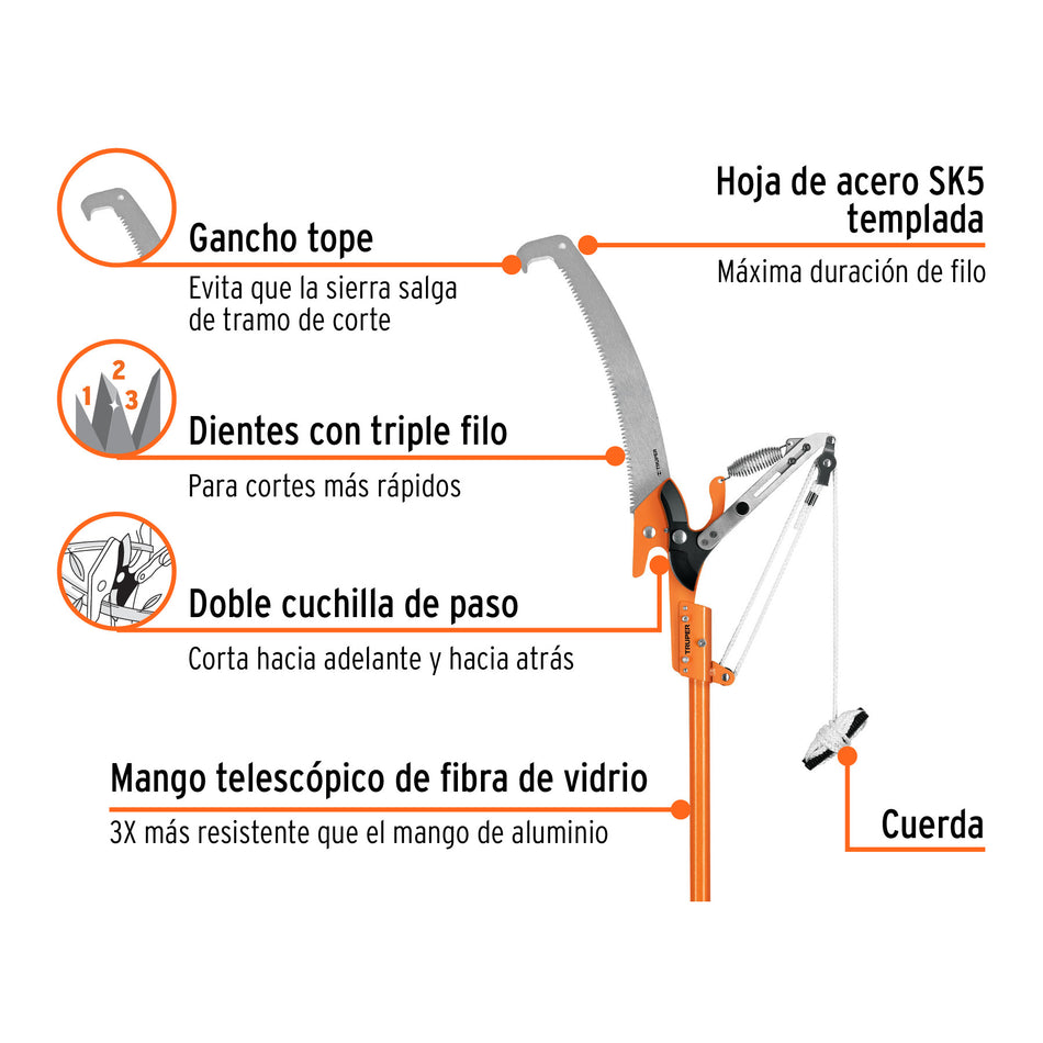 Cortador de ramas altas mango telescópico 3.6 m fibra vidrio