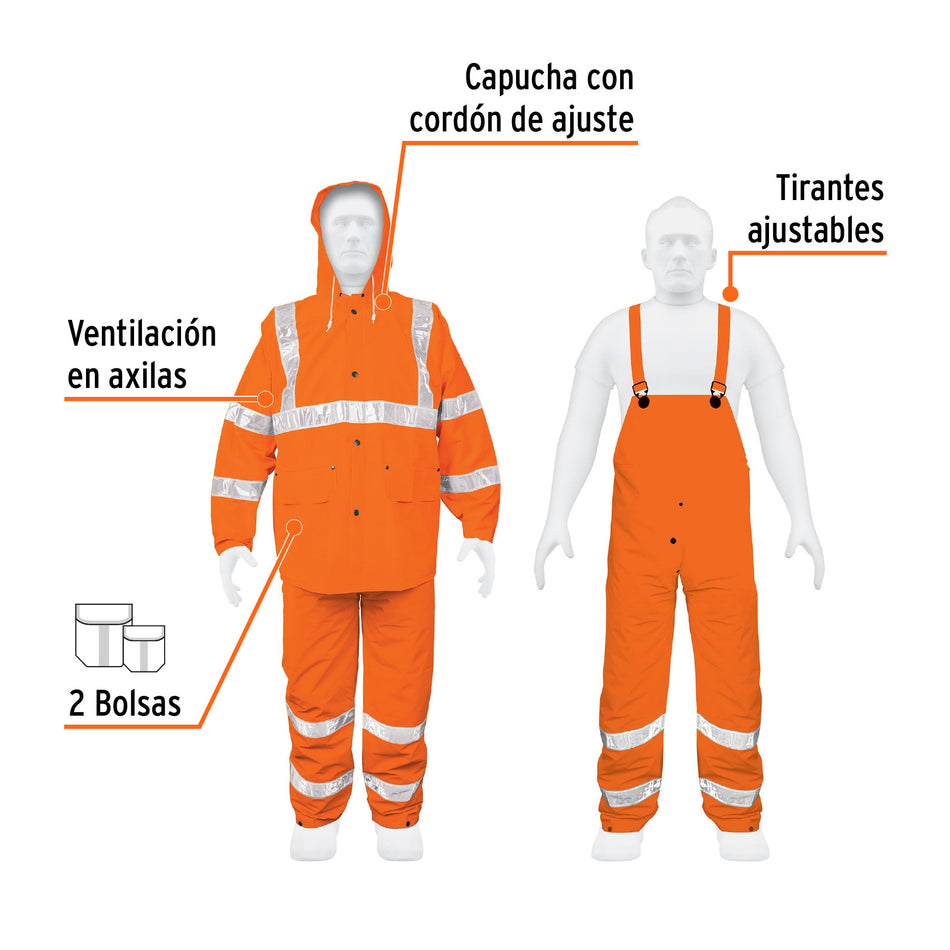 Conjunto impermeable doble capa naranja con reflejante, M naranja
