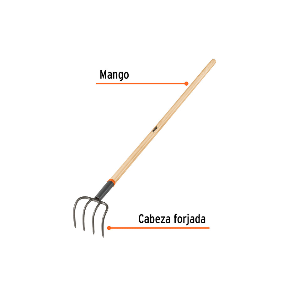 Cultivador forjado, 4 dientes, mango de madera 54', TRUPER
