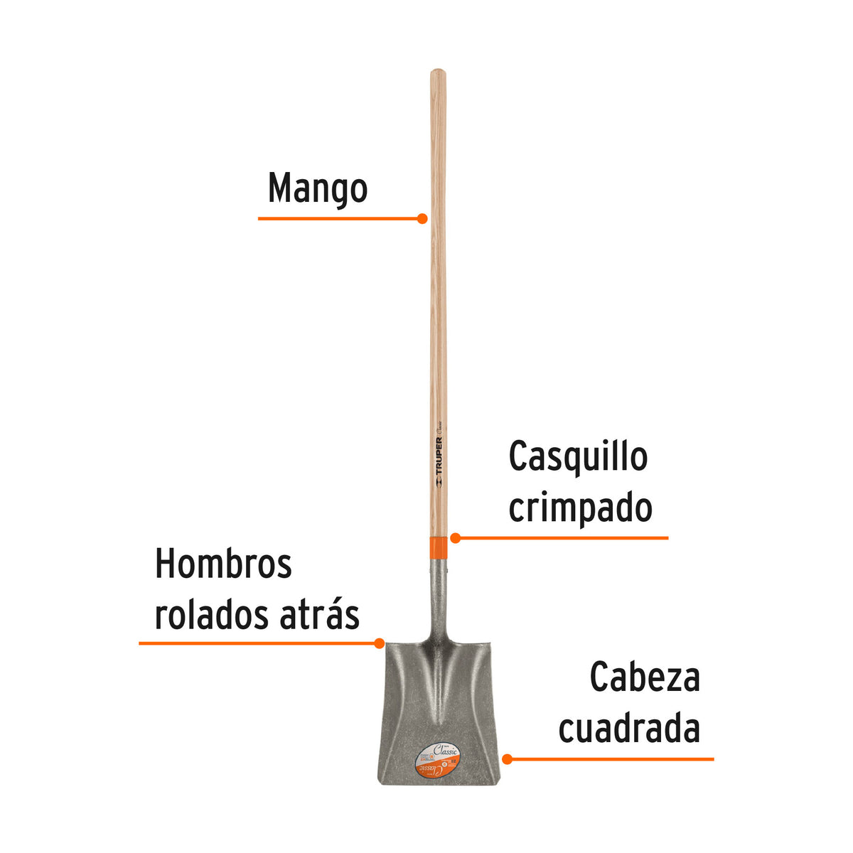 Pala cuadrada Classic, mango largo 48', Truper