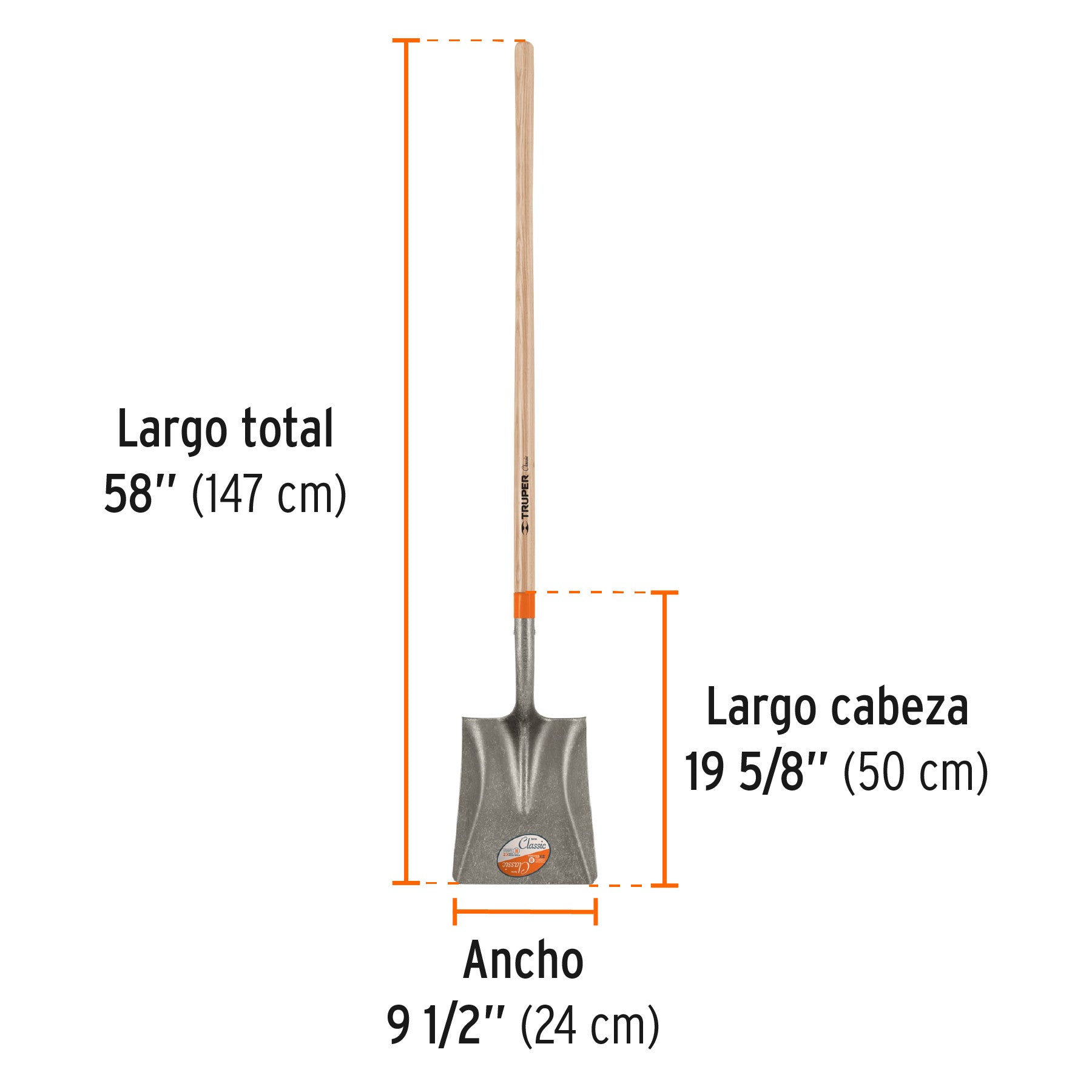 Pala cuadrada Classic, mango largo 48', Truper