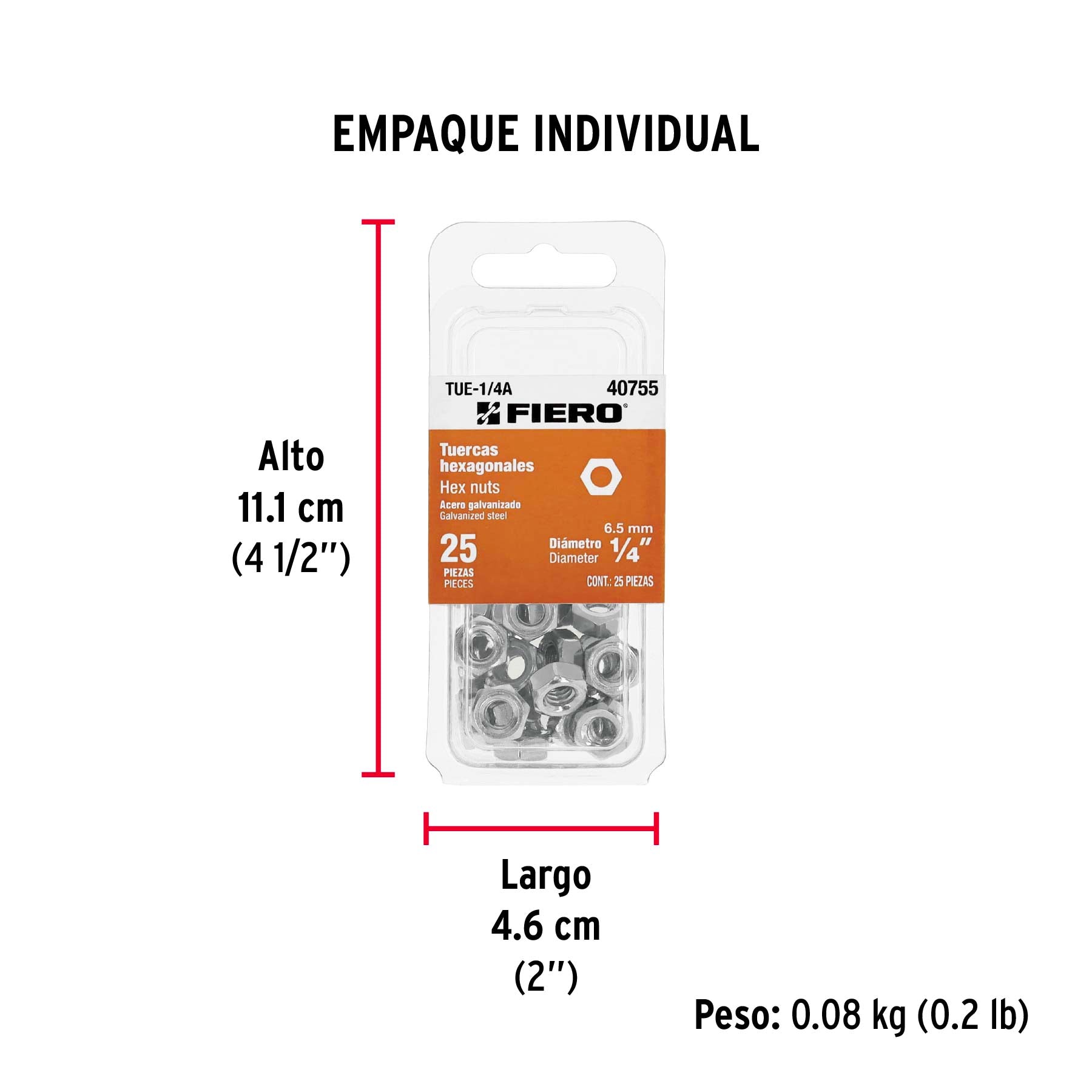 Bolsa con 6 tuercas 1' hexagonales de acero galvanizado