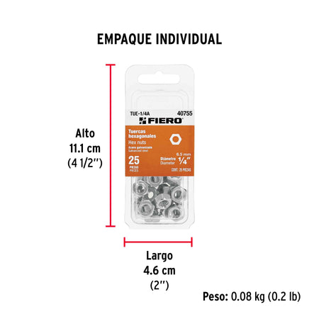 Bolsa con 6 tuercas 1' hexagonales de acero galvanizado