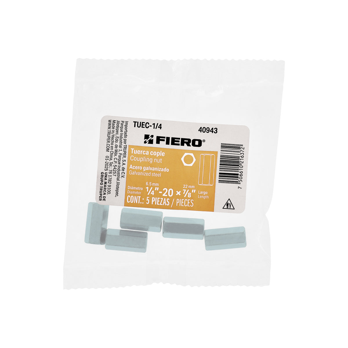 Bolsa con 2 tuercas cople, 1' acero galvanizado , FIERO
