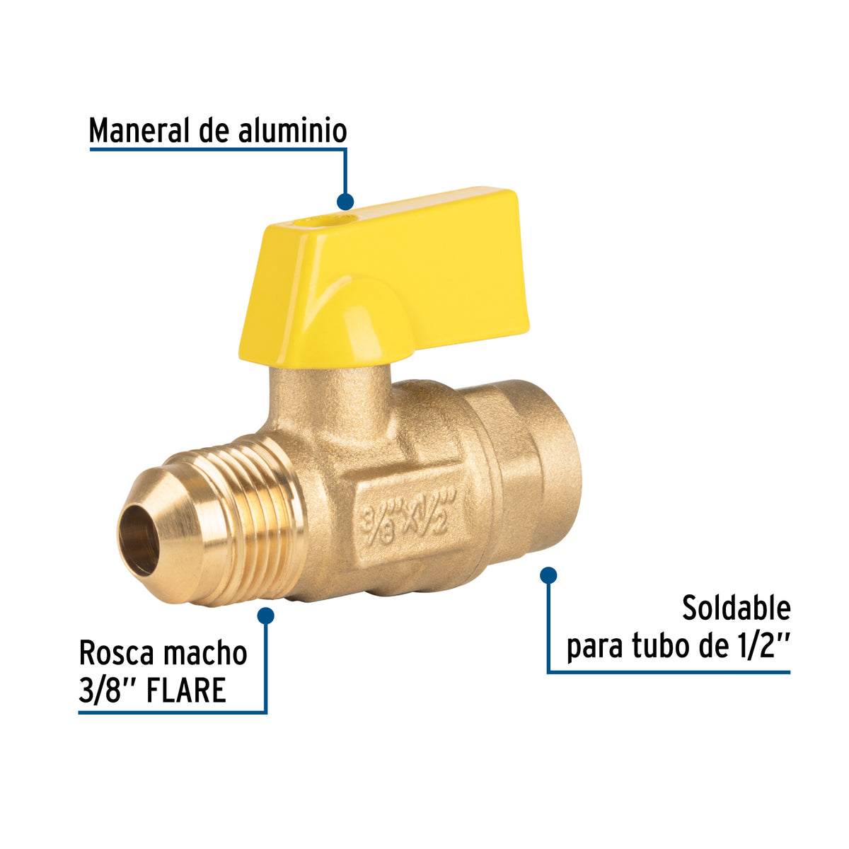 Válvula de control de latón p/gas,3/8x1/2' Flare/sold. FOSET