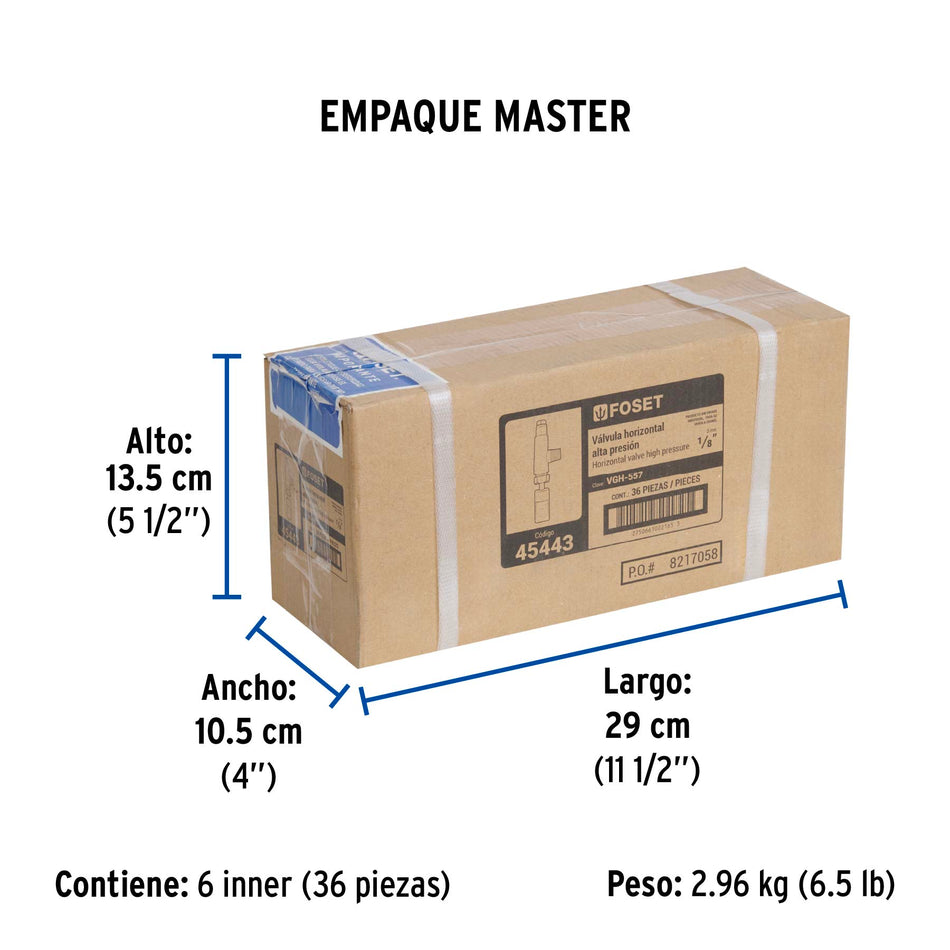 Válvula horizontal de latón 1/8' gas LP, alta presión, FOSET